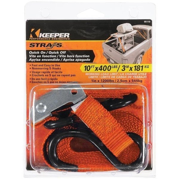 0 TieDown, 1 in W, 10 ft L, Nylon, Orange, 400 lb, SHook End Fitting, Keeper, Mfr#: 5110